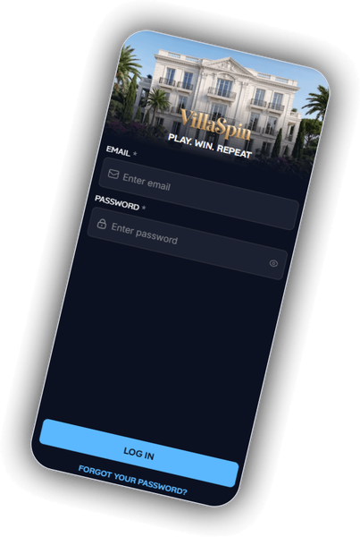 VillaSpin login screen over a villa photograph with the Play Win Repeat line
