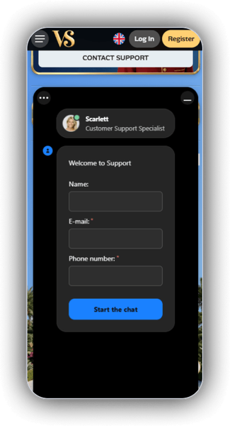 Contact Support form asking for a name, E-mail address and phone number beside a customer support specialist