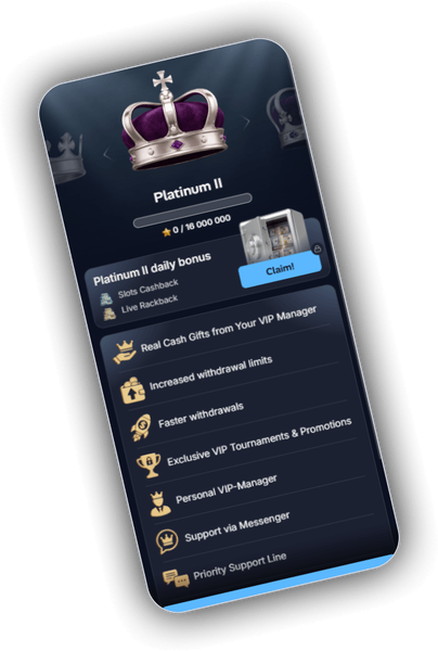 Platinum II VIP screen with a star-point progress bar and benefit list